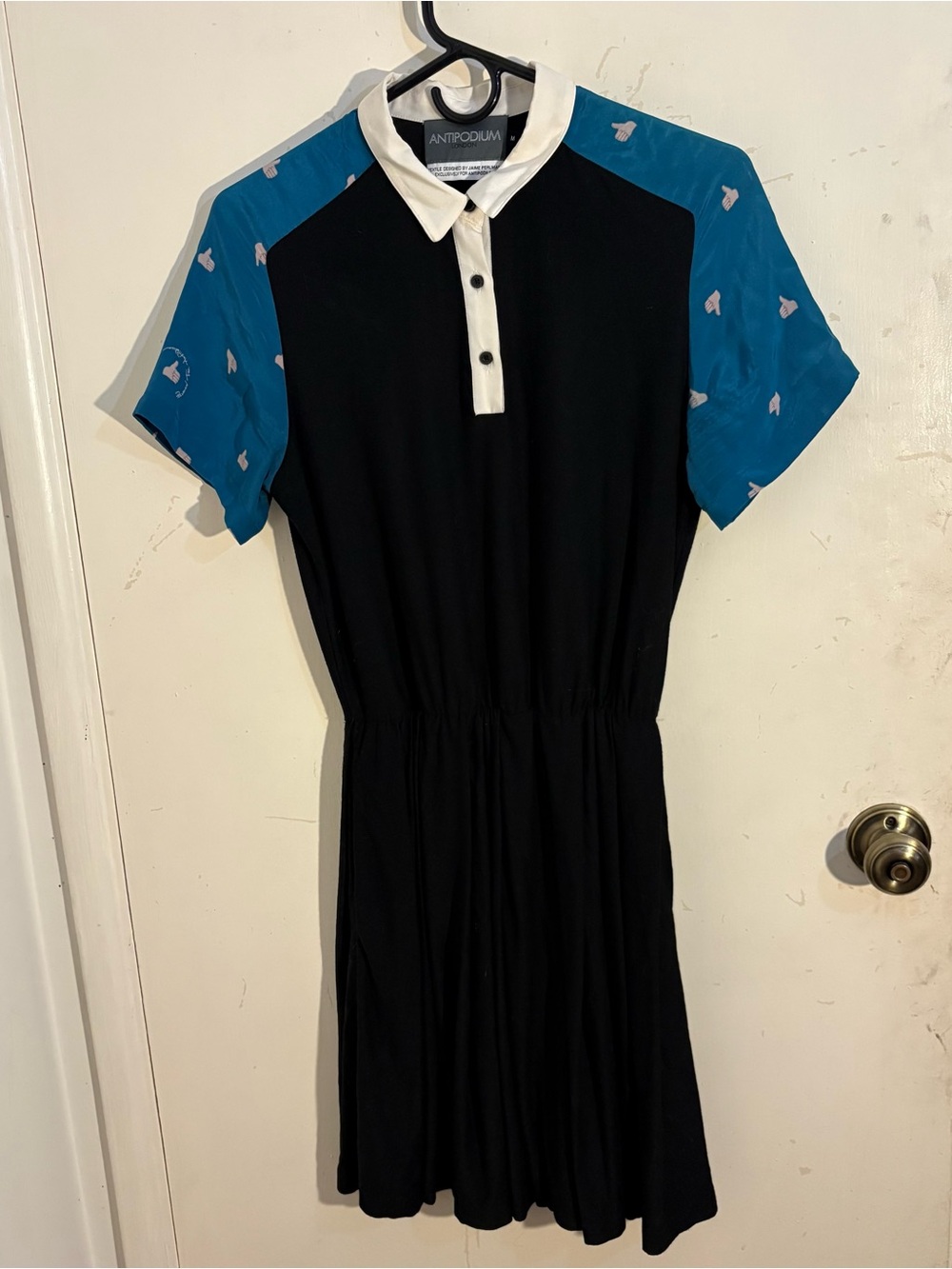 Antipodium London Black Dress with Teal Printed Sleeves and White Collar
